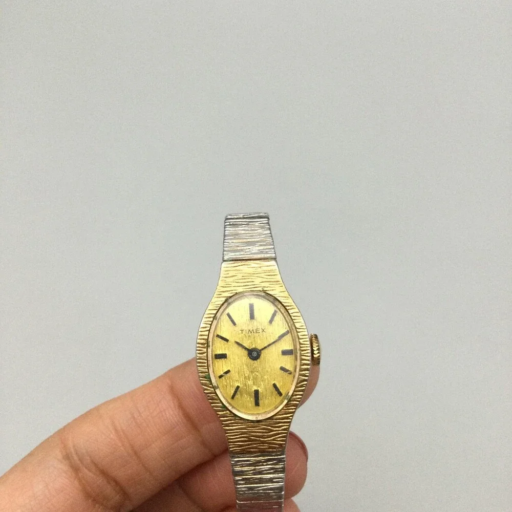 Vintage Timex Womens Watch 18mm Gold Dial Silver Tone Bracelet Manual Wind